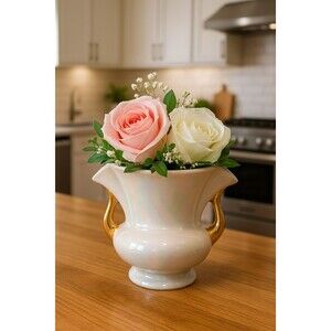 Vintage Fan Vase | Iridescent w Gold Handles | ~ 6" tall x 7" wide